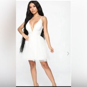 Fashion Nova White “Life’s A Movie” Fit & Flare Plunge Neck Mini Cocktail Dress